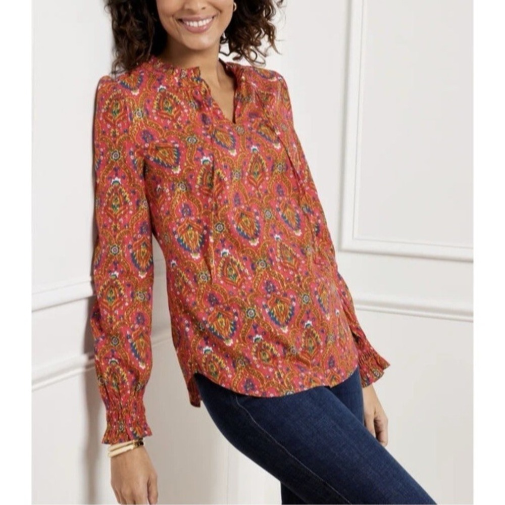 NWOT Talbots Womens Medium Blouse Paisley‎ Multi Long Sleeve Metallic Ruffle Tie